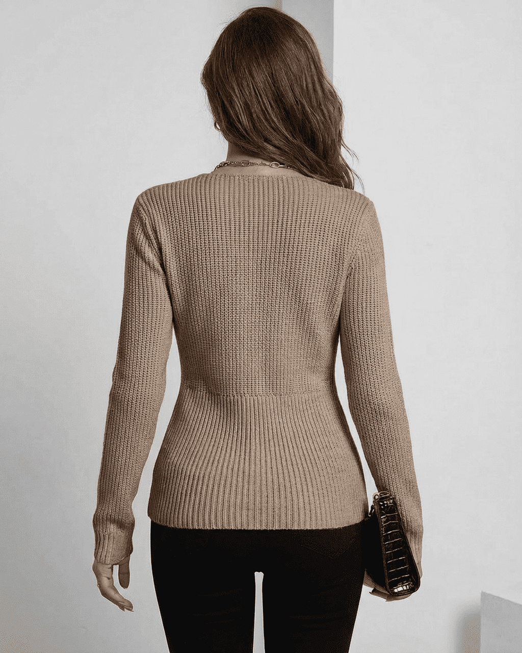Seren Pullover by Lauven - Elegant ribbed slim fit V-neck sweater in taupe, showcasing a stylish back view.