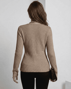 Seren Pullover by Lauven - Elegant ribbed slim fit V-neck sweater in taupe, showcasing a stylish back view.