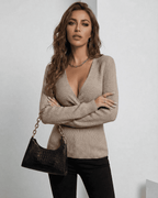 Seren Pullover by Lauven - Elegant ribbed slim fit v-neck sweater in taupe, perfect for any occasion.