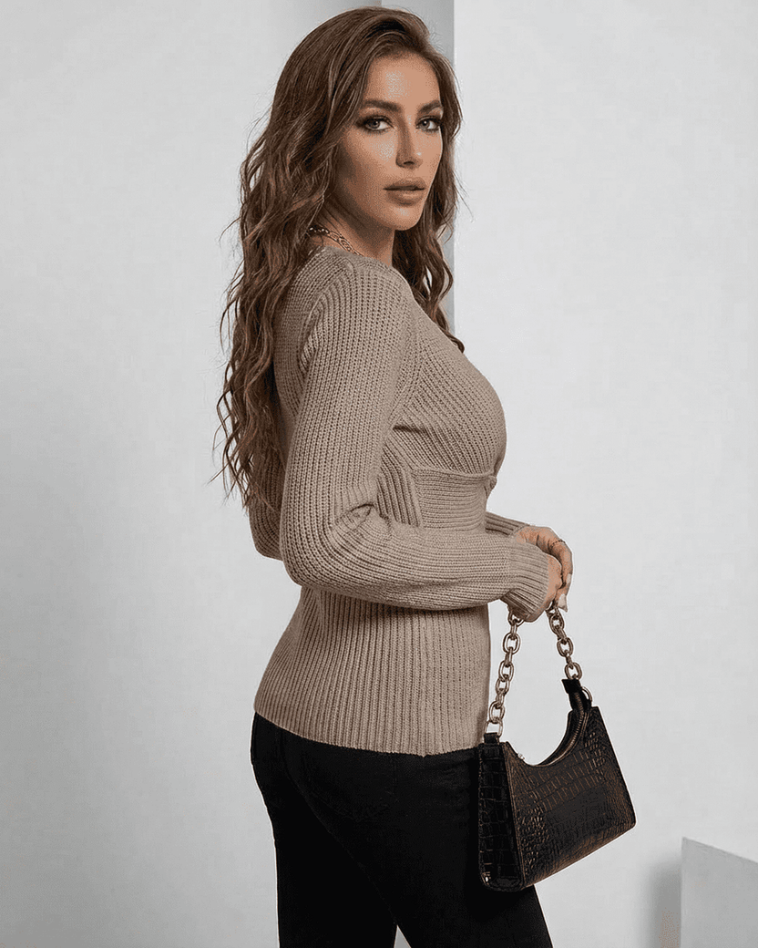 Seren Pullover by Lauven - Beautiful ribbed fitted v-neck sweater in taupe, perfect for versatile styling.