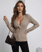 Seren Pullover by Lauven in taupe, ribbed slim fit V-neck sweater perfect for stylish outfits.
