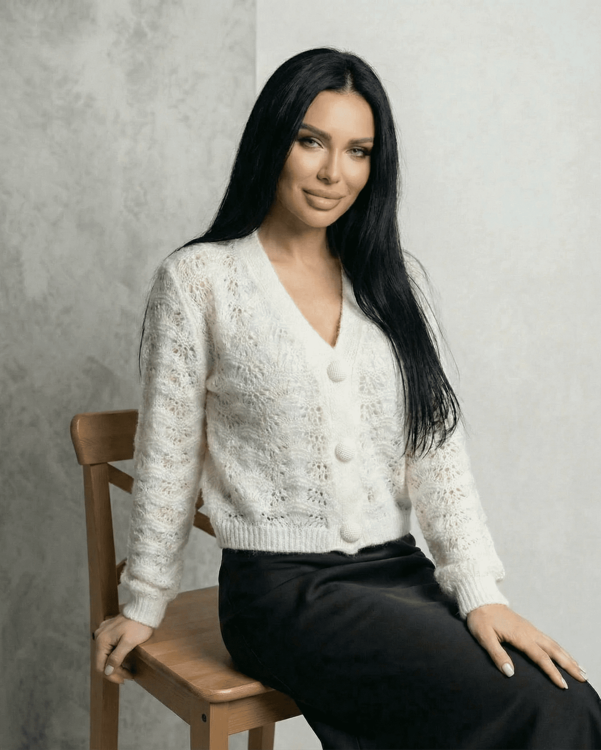 Serena Cardigan by Lauven - Elegant lace knit V-neck cardigan with button front, perfect for stylish everyday wear.