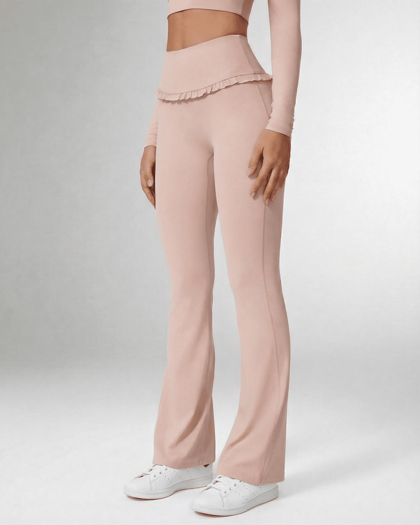 Serena Leggings by Lauven in soft pink, featuring a high-waisted ruffled design for elegant flair.