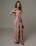 Serena Maxi Dress by Lauven - Blush Pink Ruffle Ankle-Length Dress with Off-Shoulder Detail showcasing elegance.