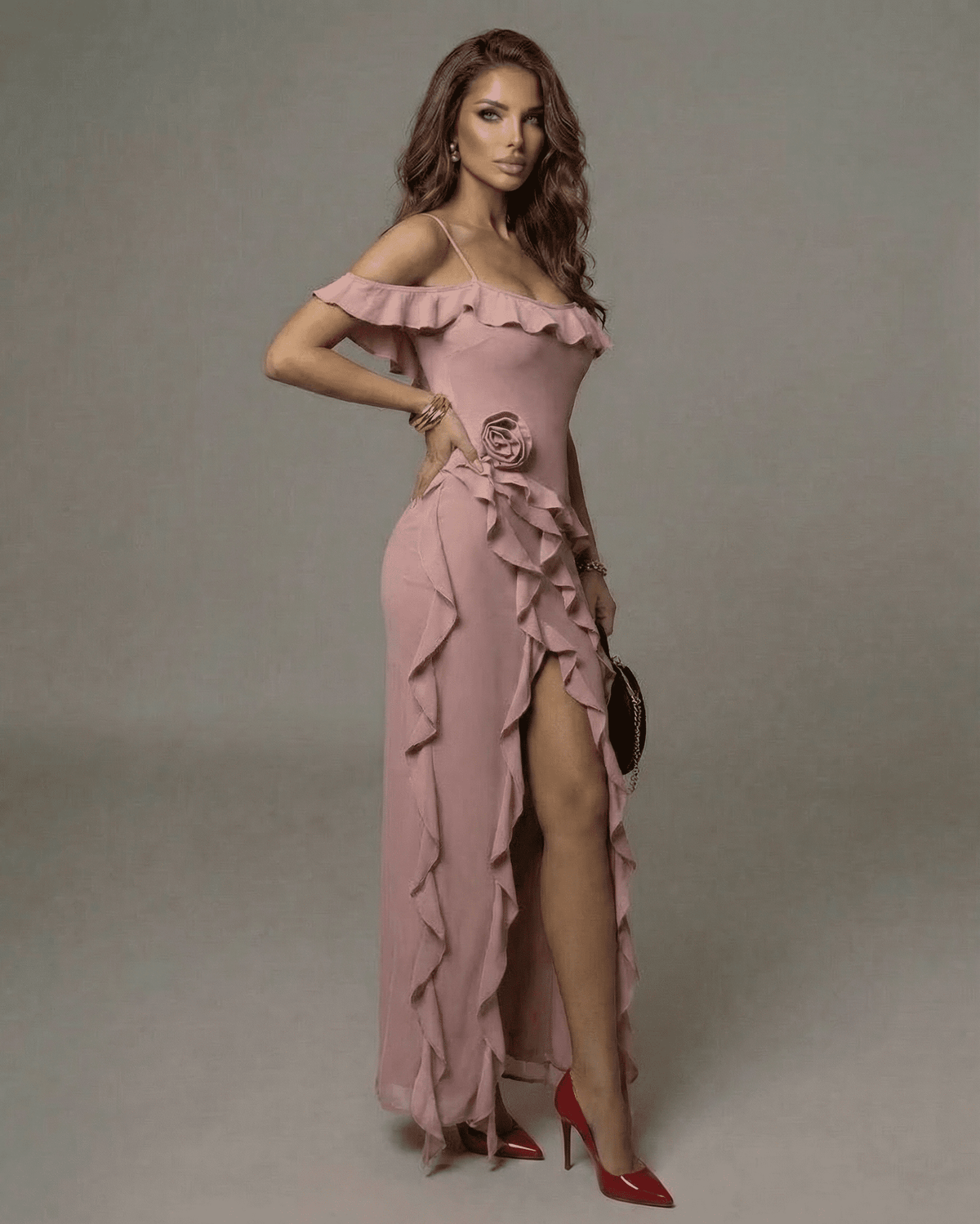 Serena Maxi Dress by Lauven - Blush Pink Ruffle Ankle-Length Dress with Off-Shoulder Detail showcasing elegance.