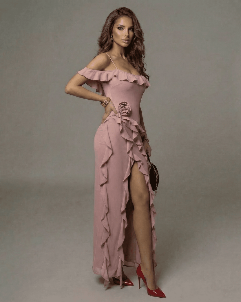 Serena Maxi Dress by Lauven - Blush Pink Ruffle Ankle-Length Dress with Off-Shoulder Detail showcasing elegance.