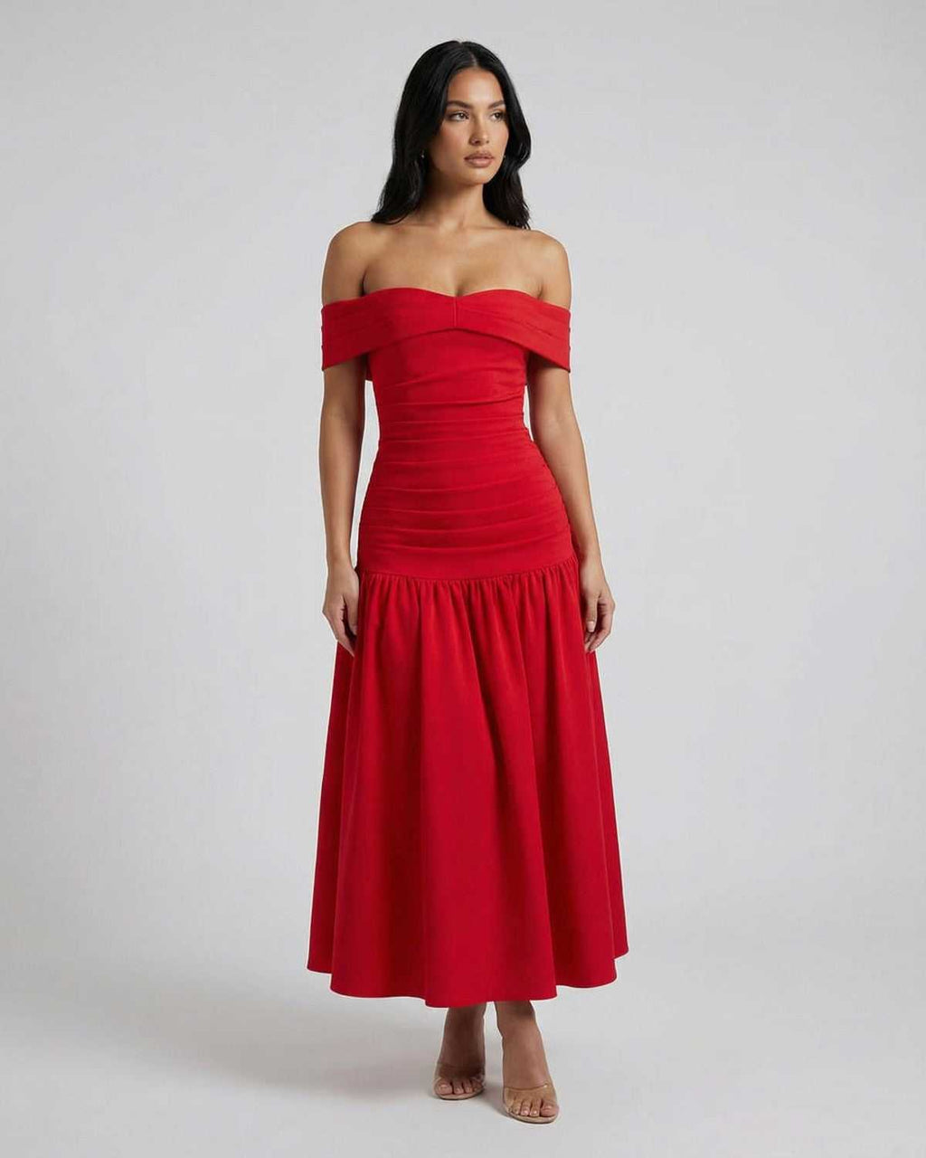 Serena Midi Dress by Lauven - Elegant off-shoulder red dress with A-line silhouette.