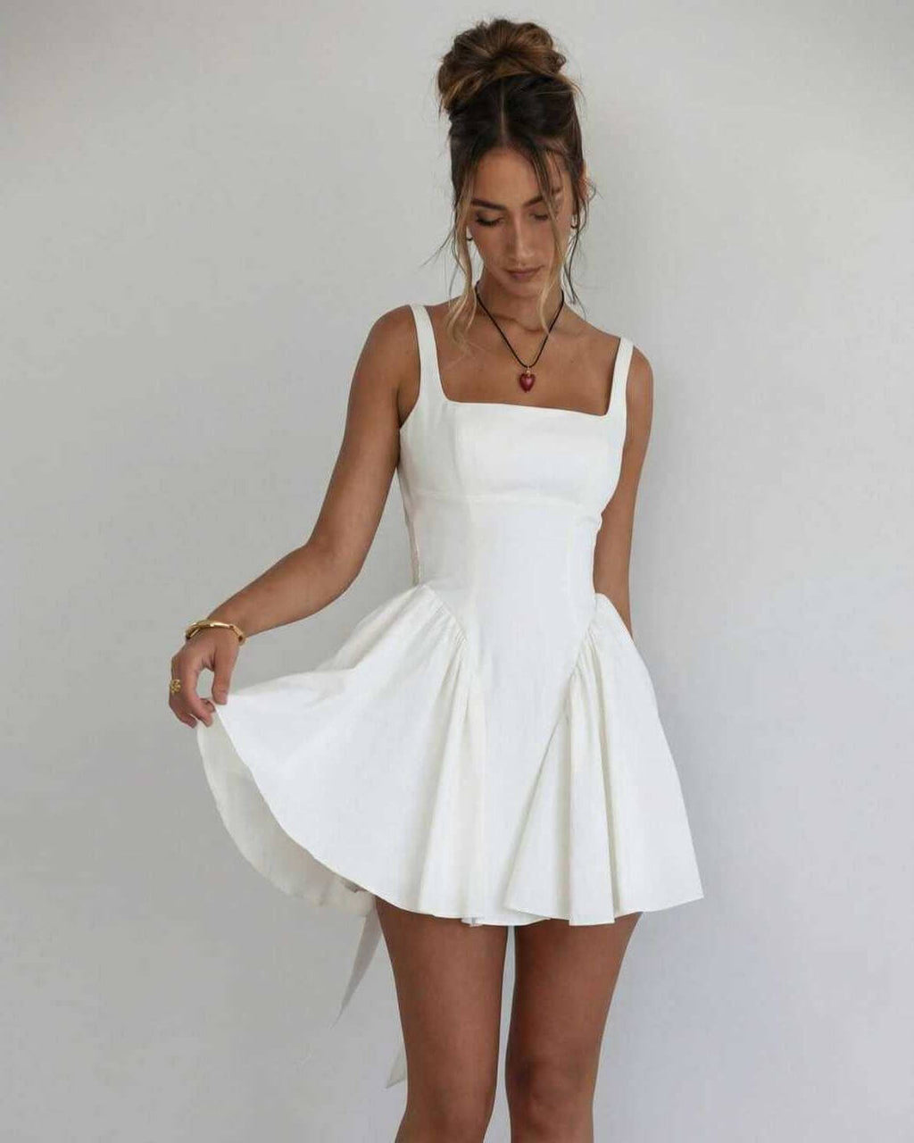 Serena Mini Dress by Lauven, elegant white square collar camisole dress with A-line silhouette.