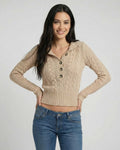 Siena Sweater by Lauven, a stylish hooded cable knit sweater with a slim fit.