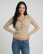 Siena Sweater by Lauven, a stylish hooded cable knit sweater with a slim fit.