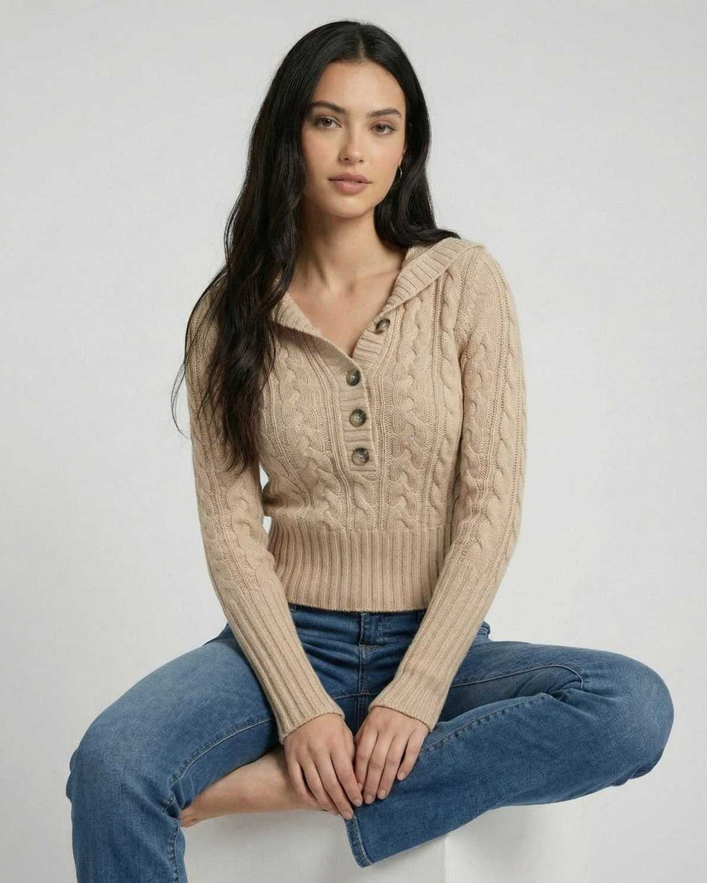 Siena Sweater by Lauven, hooded cable knit slim fit sweater showcasing a polished look and modern silhouette.