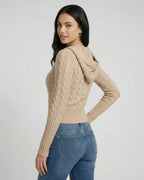Siena Sweater by Lauven - Hooded cable knit slim fit sweater in a neutral tone, showcasing a fitted silhouette.