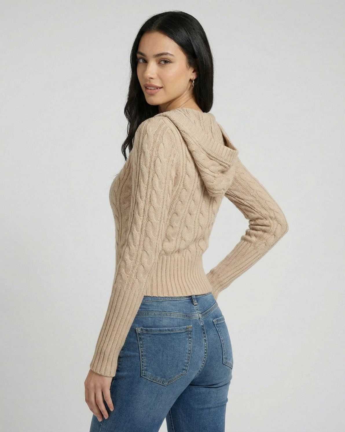 Siena Sweater by Lauven - Hooded cable knit slim fit sweater in a neutral tone, showcasing a fitted silhouette.