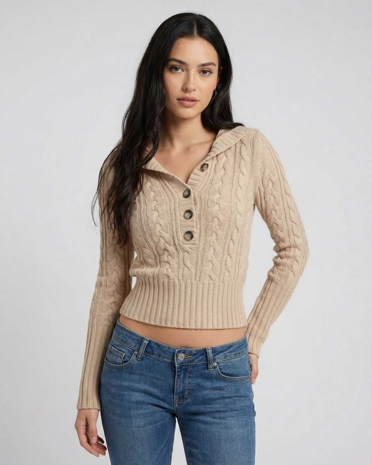 Lauven Siena Sweater hooded cable knit slim fit sweater in beige with buttons and ribbed hem.