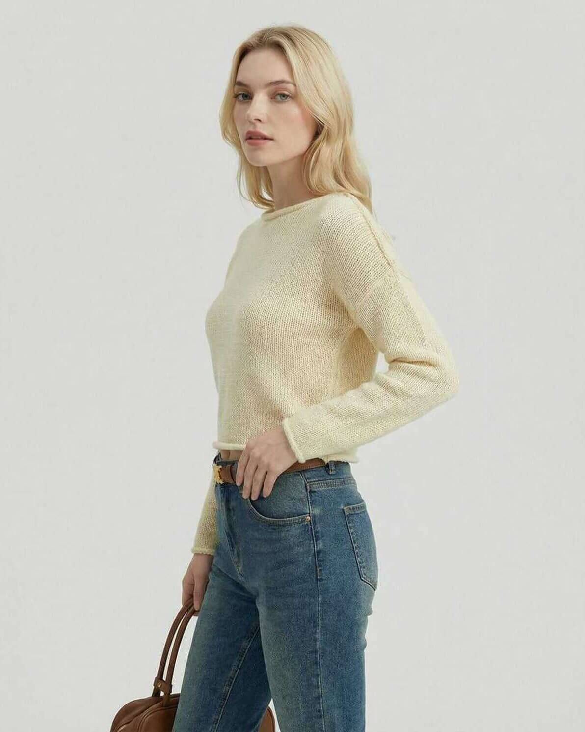 Siena Sweater by Lauven - Women’s cream lightweight knit texture sweater for modern style.