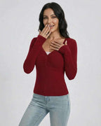 Sienna Pullover by Lauven - Women’s Slim Fit V-Neck Long Sleeve Pullover in red with button detail.