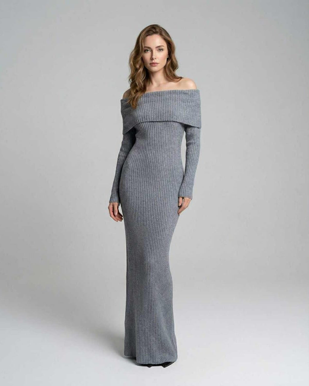 Sierra Maxi Dress by Lauven – Ribbed grey off-shoulder sheath dress with a sleek silhouette.
