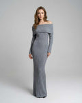 Sierra Maxi Dress by Lauven – Ribbed grey off-shoulder sheath dress with a sleek silhouette.