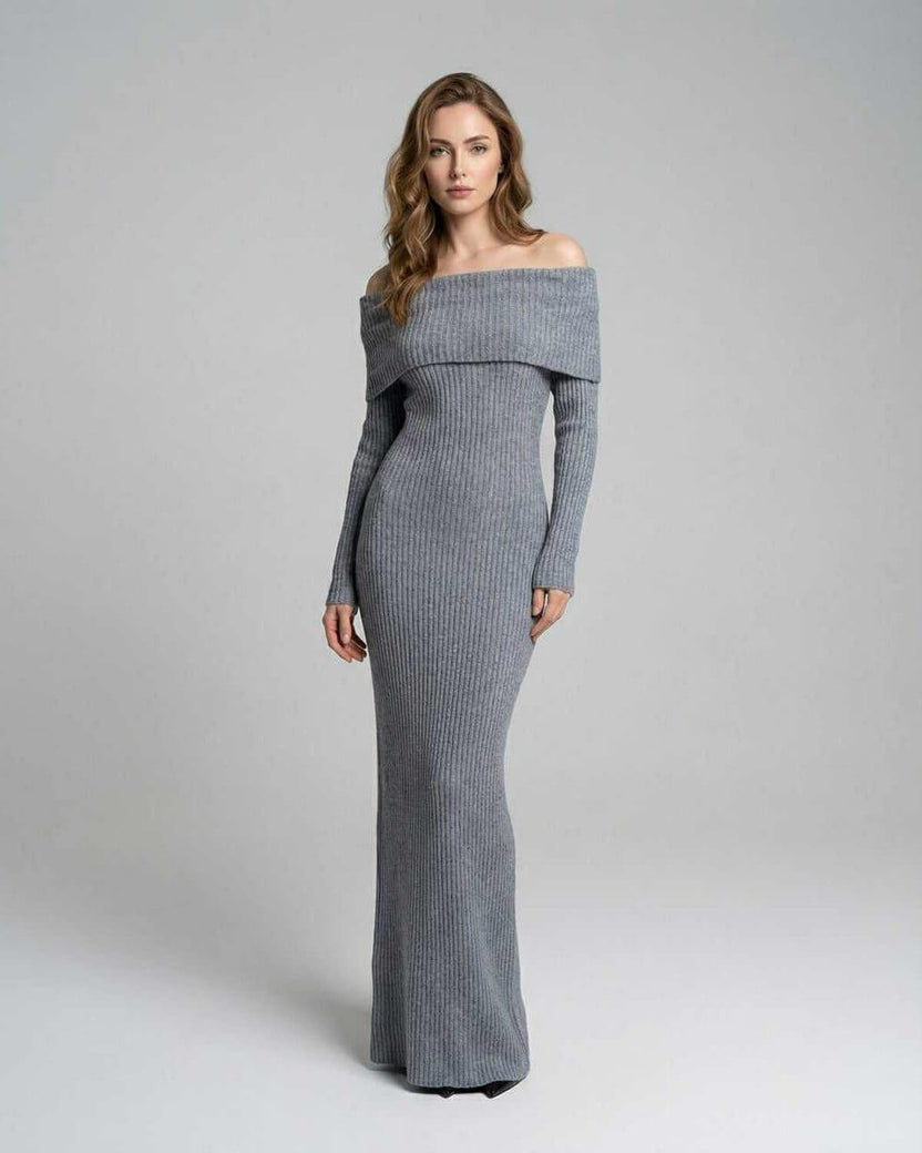 Sierra Maxi Dress by Lauven – Ribbed grey off-shoulder sheath dress with a sleek silhouette.