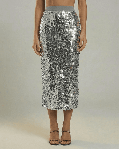 Silvara Midi Skirt by Lauven, a sequin high waist bodycon midi skirt in a sophisticated grey tone.