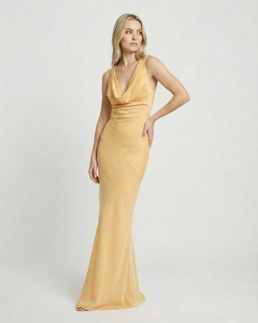 Solara Maxi Dress by Lauven, showcasing a satin-effect cowl neck design and a fluid floor-length silhouette.