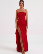 Solenne Maxi Dress by Lauven, strapless red dress with side slit, fluid polyester fabric, modern and elegant design.