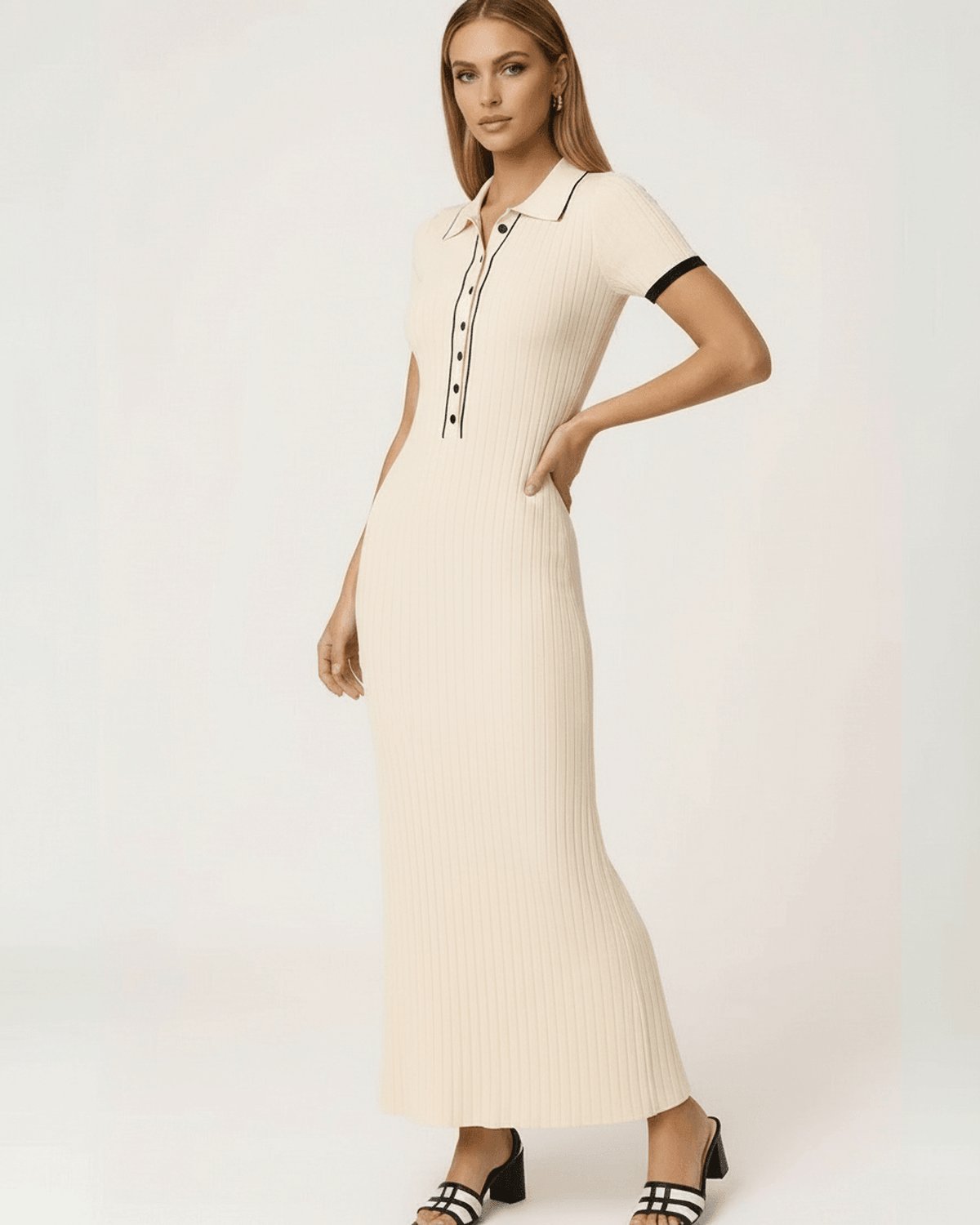 Sorrento Maxi Dress by Lauven – Women’s beige ribbed knit dress with collared button detail.