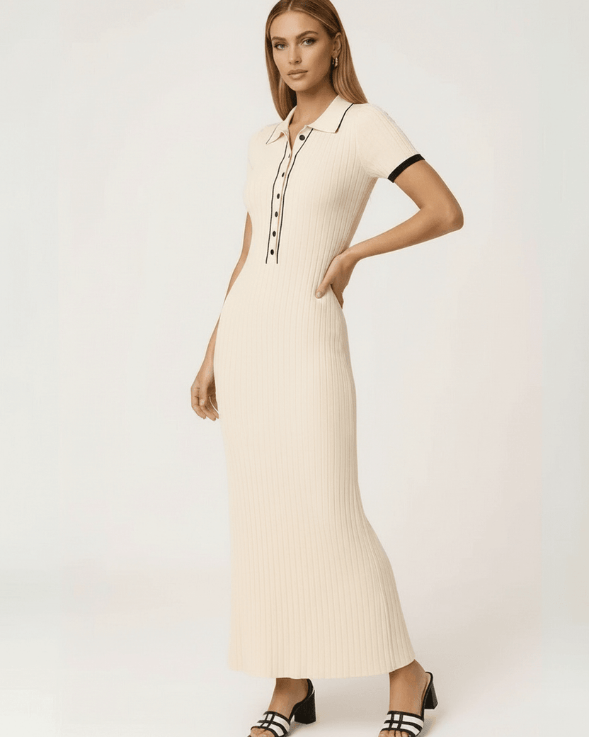 Sorrento Maxi Dress by Lauven – Women’s beige ribbed knit dress with collared button detail.