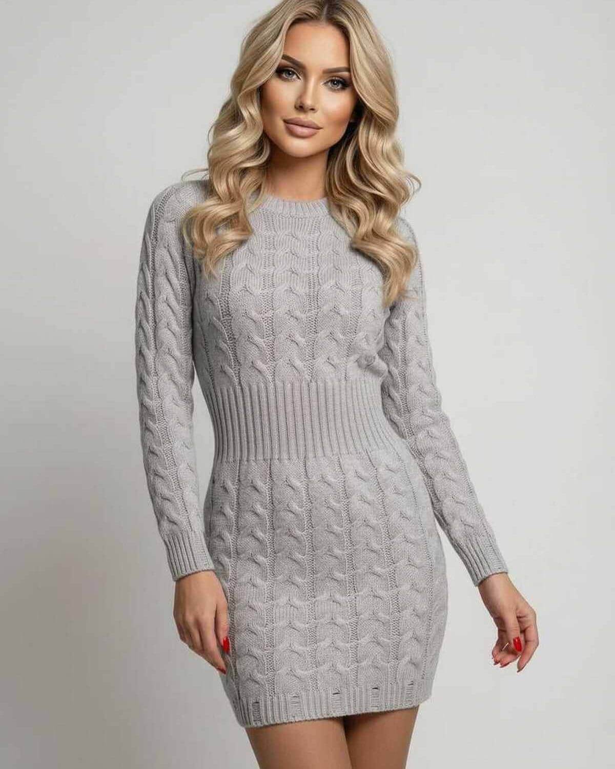 Sterling Mini Dress in soft gray by Lauven, featuring a cable knit design and long sleeves for a stylish, cozy look.