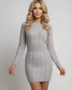 Sterling Mini Dress by Lauven, featuring a cozy cable knit pattern in soft gray, perfect for spring and autumn.