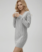 Sterling Mini Dress by Lauven, soft cable knit V-neck sweater dress in light gray, perfect for elegant yet relaxed wear.