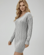 Lauven Sterling Mini Dress in soft cable knit, featuring a cozy V-neck and long sleeves, showcased in light gray.