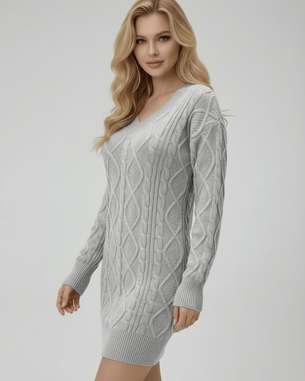 Lauven Sterling Mini Dress in soft cable knit, featuring a cozy V-neck and long sleeves, showcased in light gray.