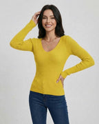 Lauven Sunbeam Pullover in vibrant yellow, women's V-neck slim fit sweater, perfect for casual and workwear styling.