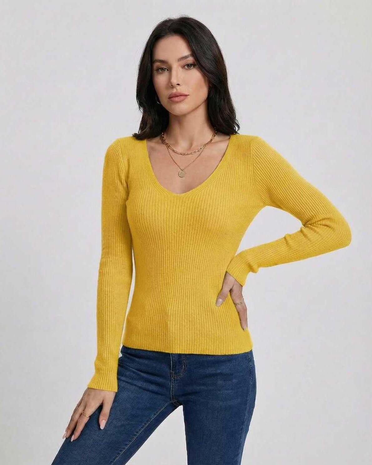 Sunbeam Pullover by Lauven, vibrant women's V-neck pullover sweater in yellow with slim fit and long sleeves.