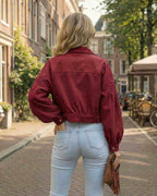 Valencia Jacket - Women’s Red Cropped Jacket by Lauven, featuring lantern sleeves and a stylish relaxed fit.