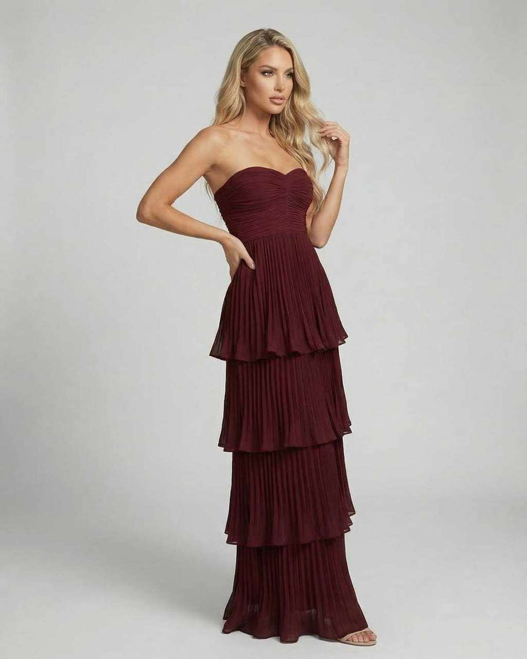Burgundy Valencia Maxi Dress by Lauven, strapless, pleated chiffon, elegant evening wear for weddings.