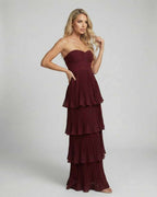 Burgundy Valencia Maxi Dress by Lauven, strapless, pleated chiffon, elegant evening wear for weddings.
