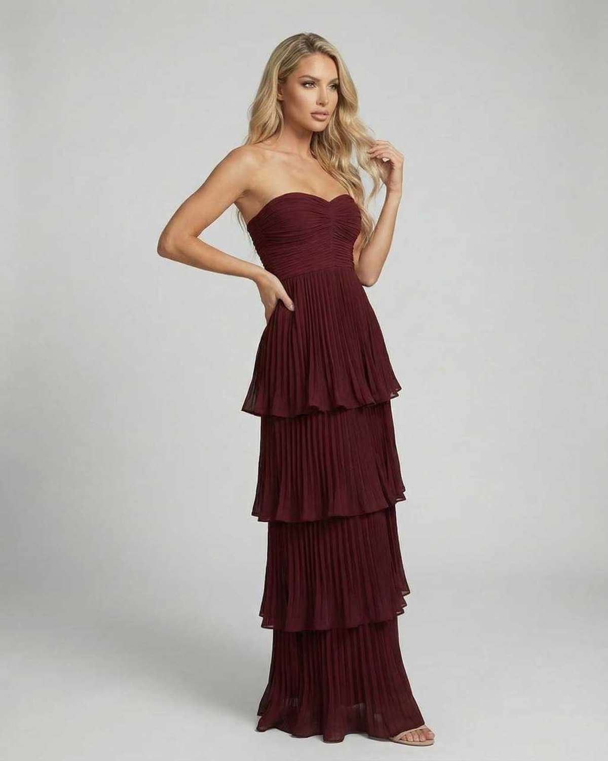 Burgundy Valencia Maxi Dress by Lauven, strapless, pleated chiffon, elegant evening wear for weddings.