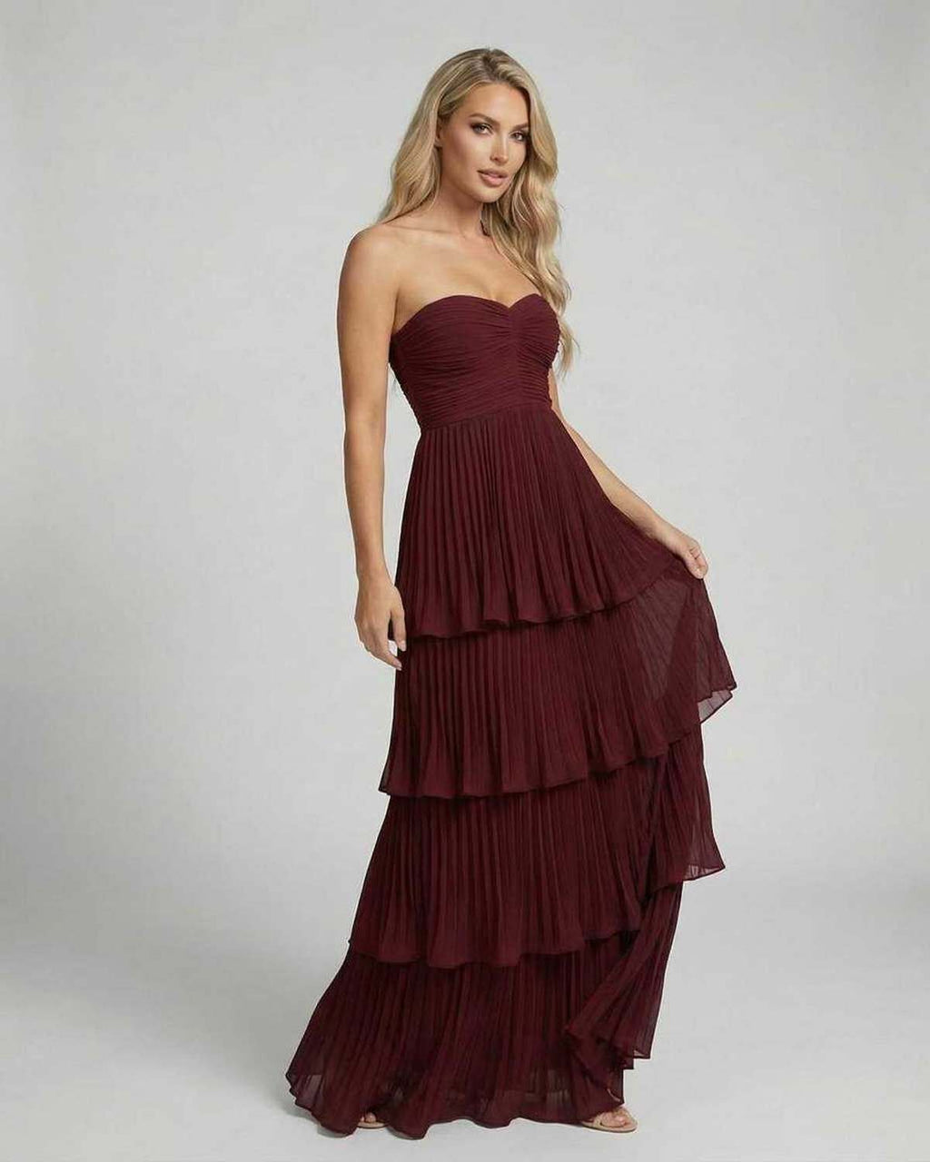 Valencia Maxi Dress by Lauven: Burgundy strapless pleated chiffon evening gown with tiered silhouette.