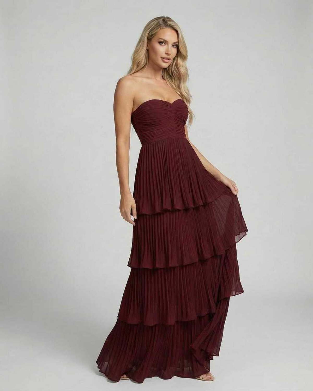 Valencia Maxi Dress by Lauven: Burgundy strapless pleated chiffon evening gown with tiered silhouette.