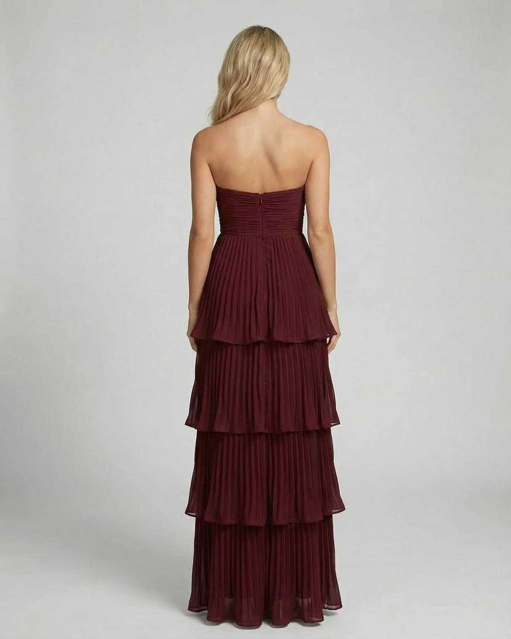 Valencia Maxi Dress by Lauven – Burgundy strapless pleated chiffon maxi dress with tiered silhouette.