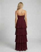 Valencia Maxi Dress by Lauven – Burgundy strapless pleated chiffon maxi dress with tiered silhouette.