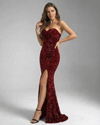 Valencia Maxi Dress by Lauven - Bold red strapless sequin gown with a high slit and form-fitting silhouette.