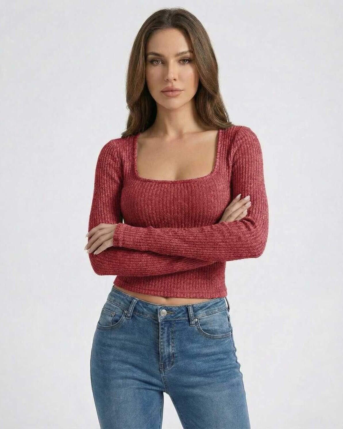 Valencia Pullover by Lauven – Women’s Red Ribbed U-Neck Long Sleeve Sweater on model, showcasing sleek fit and cropped design.