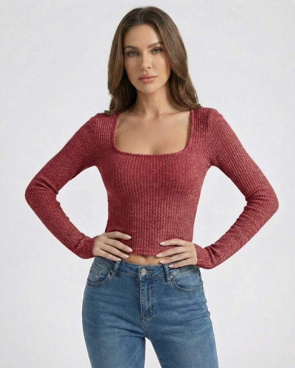Valencia Pullover by Lauven – Women's Red Ribbed U-Neck Long Sleeve Pullover Sweater featuring a cropped fit.
