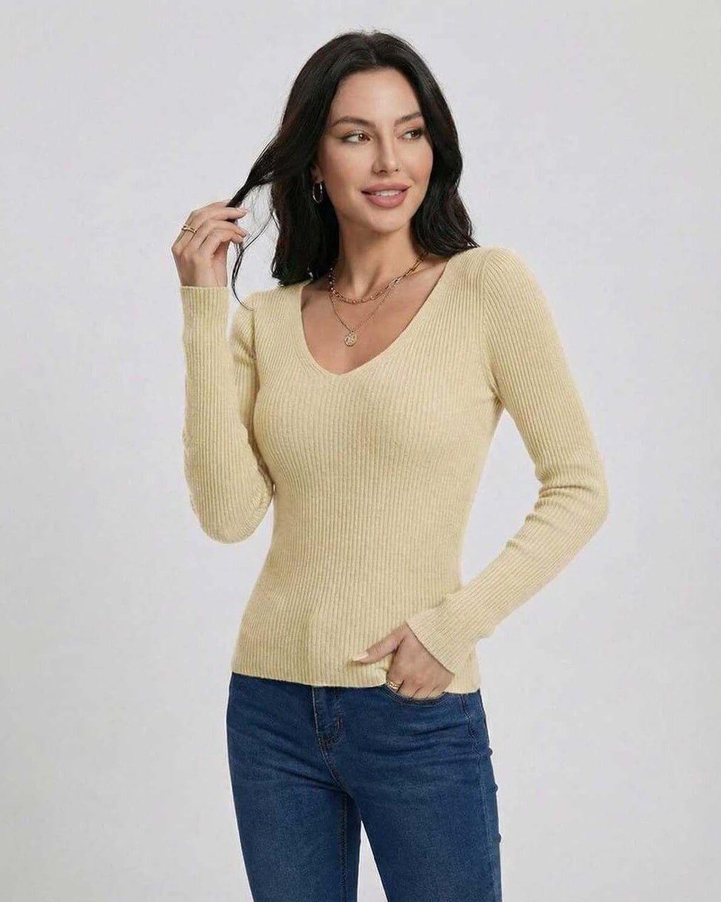 Valencia Pullover by Lauven – Women’s V-Neck Slim Fit Sweater in ribbed knit style.