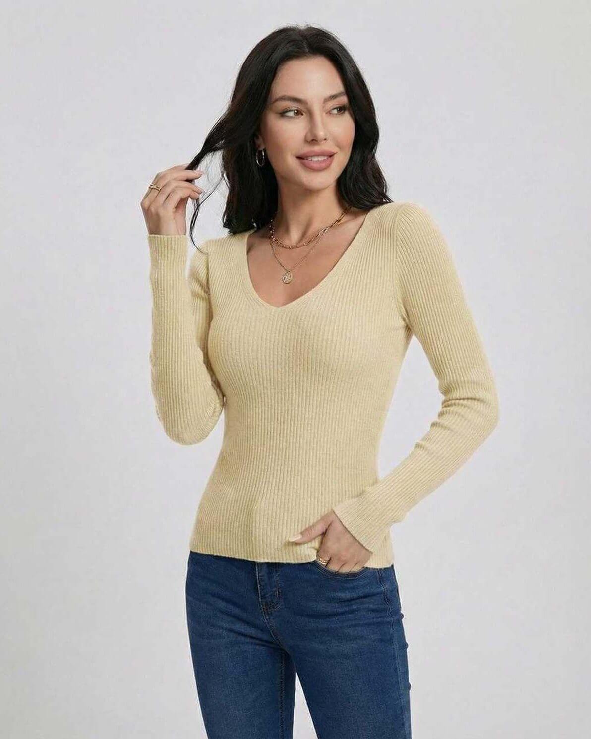 Valencia Pullover by Lauven – Women’s V-Neck Slim Fit Sweater in ribbed knit style.