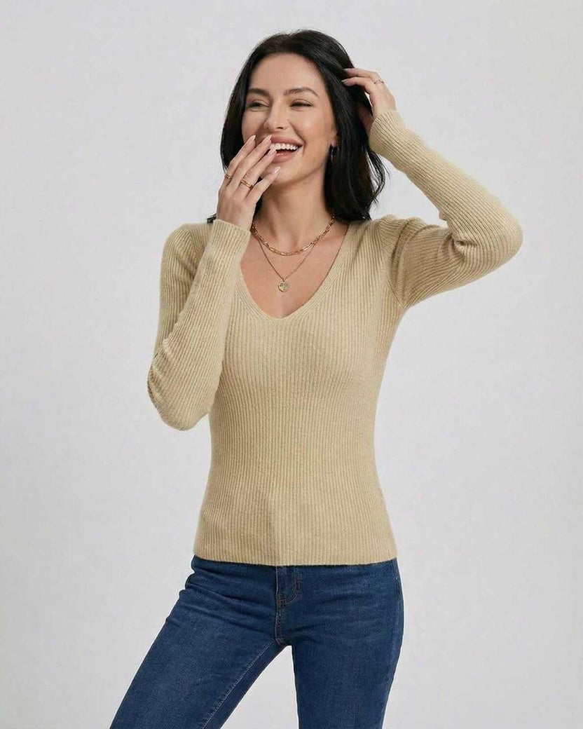 Valencia Pullover by Lauven – Women’s V-Neck Slim Fit Sweater in Beige with Long Sleeves