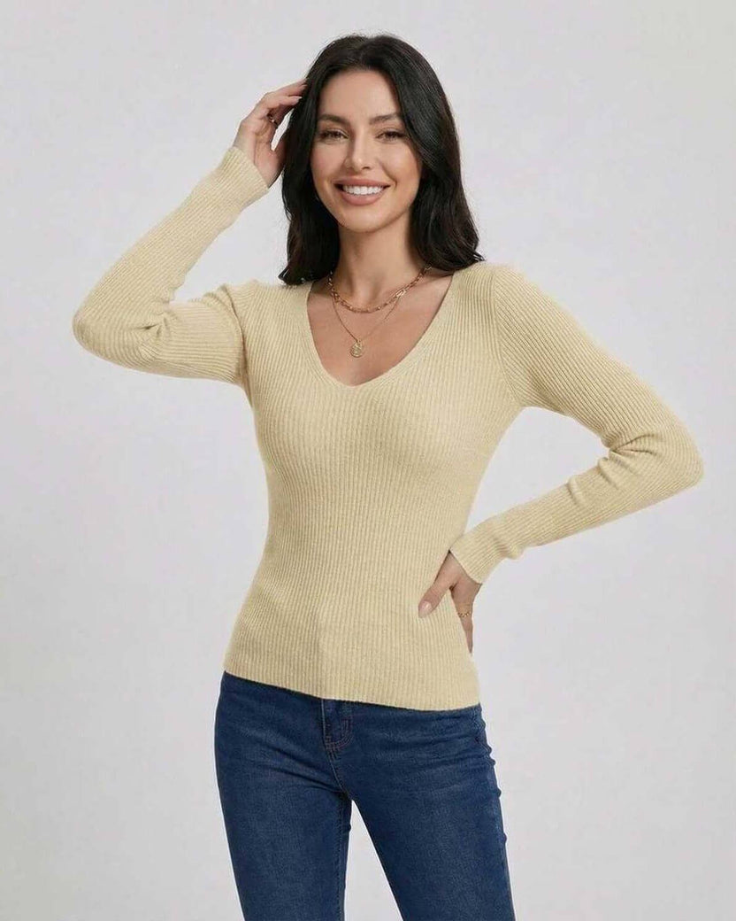 Valencia Pullover by Lauven – Women’s V-Neck Slim Fit Long Sleeve Sweater in soft ribbed knit.